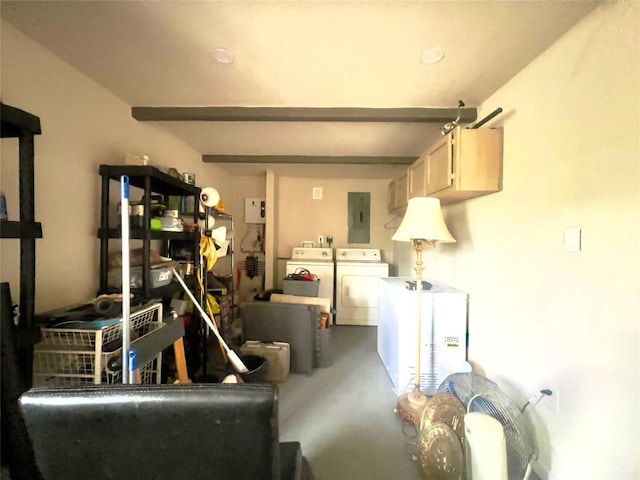 interior space featuring electric panel, light brown cabinetry, concrete floors, beam ceiling, and washing machine and clothes dryer