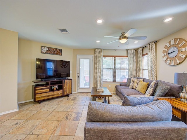 living room with ceiling fan