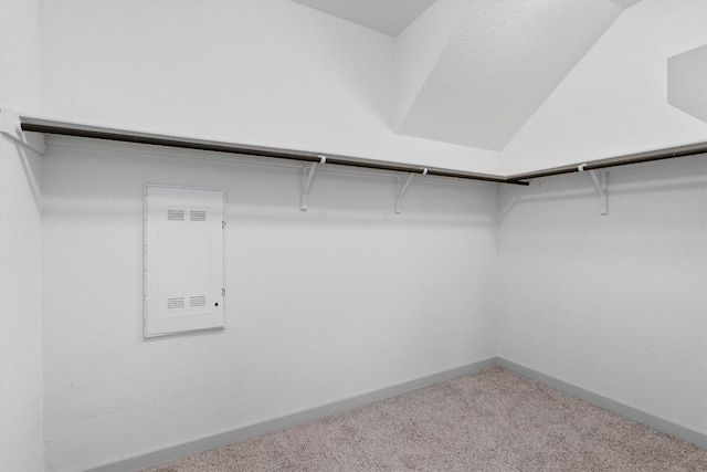 spacious closet featuring carpet flooring and vaulted ceiling