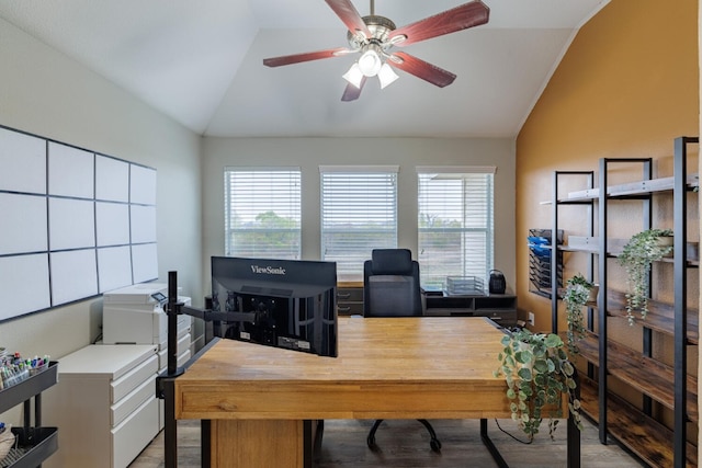 office with lofted ceiling, ceiling fan, and light wood-type flooring