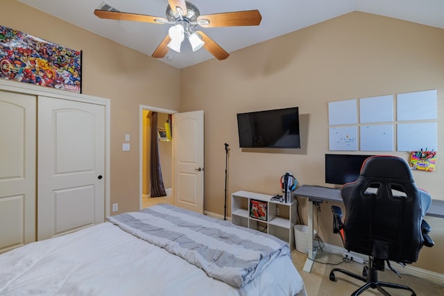 bedroom with light colored carpet, a closet, and ceiling fan