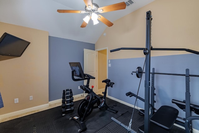 exercise room with visible vents, baseboards, ceiling fan, and vaulted ceiling