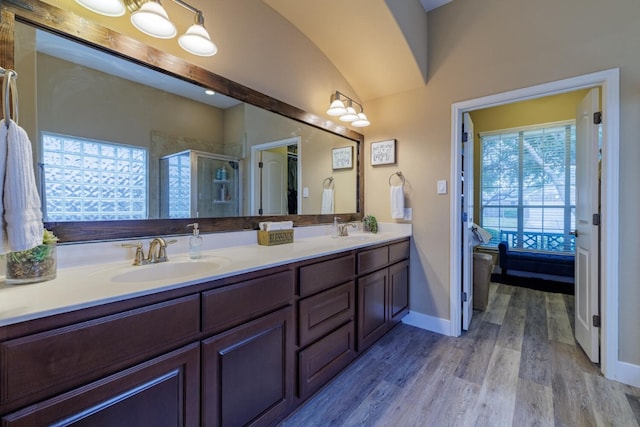 full bathroom featuring a shower stall, wood finished floors, double vanity, and a sink