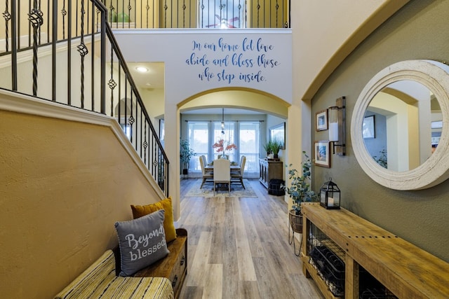 entrance foyer featuring a towering ceiling and wood-type flooring