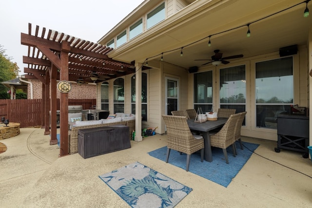 view of patio / terrace with outdoor lounge area, ceiling fan, and a pergola