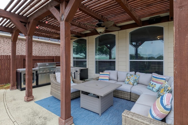 view of patio / terrace featuring area for grilling, an outdoor living space, a pergola, and a grill