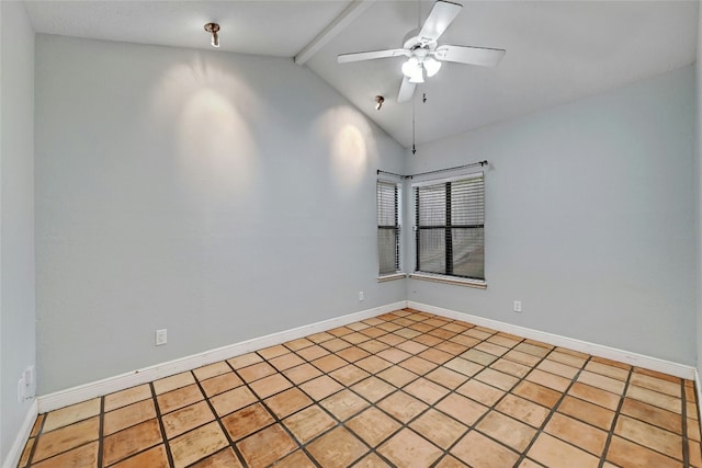 unfurnished room featuring vaulted ceiling with beams, ceiling fan, and light tile patterned floors