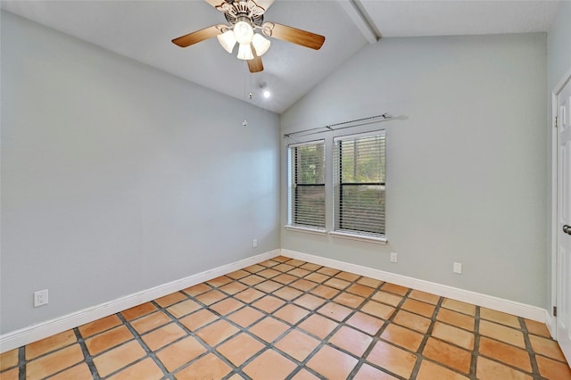 empty room featuring vaulted ceiling with beams, ceiling fan, and tile patterned flooring