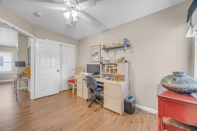 office area featuring ceiling fan and light hardwood / wood-style flooring