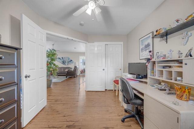 office featuring ceiling fan and light hardwood / wood-style flooring