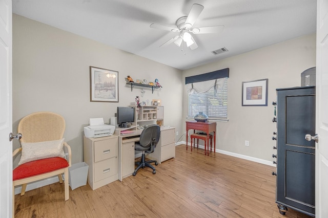 home office featuring ceiling fan and light hardwood / wood-style floors