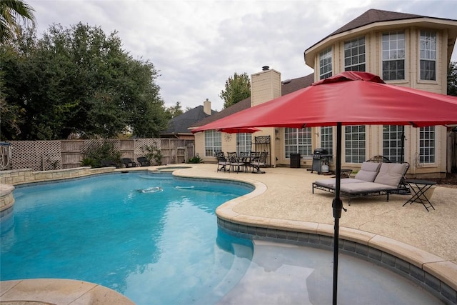 view of swimming pool with a grill and a patio