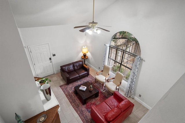 12809 Meehan Dr, Austin, TX 78727 - living room featuring a ceiling fan, light tile patterned flooring, and high vaulted ceiling