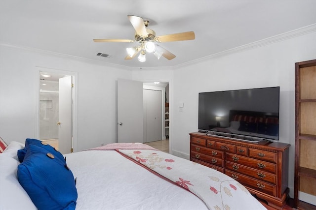 12809 Meehan Dr, Austin, TX 78727 - bedroom with ornamental molding, a ceiling fan, and ensuite bath
