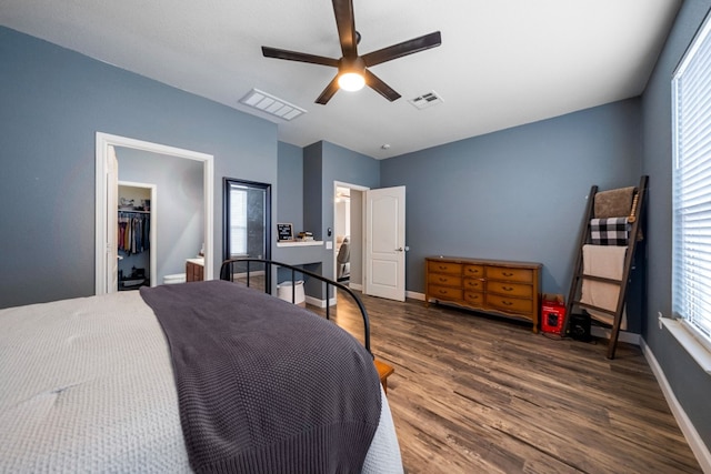 bedroom with dark hardwood / wood-style floors, ceiling fan, a walk in closet, and a closet