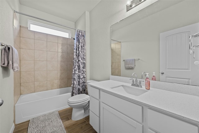 full bathroom with toilet, vanity, shower / tub combo, and hardwood / wood-style flooring