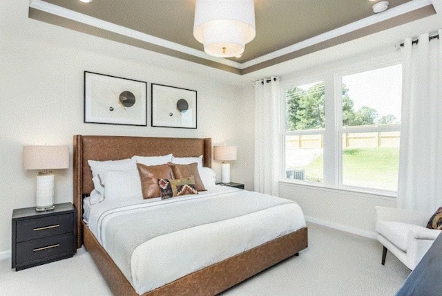 carpeted bedroom featuring a raised ceiling and multiple windows