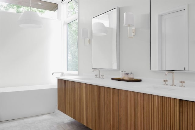 bathroom with hardwood / wood-style floors, vanity, and a bath