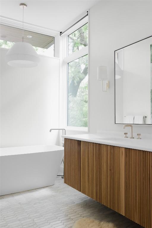 bathroom featuring a bath, vanity, and wood-type flooring