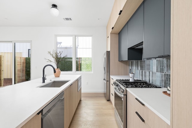 kitchen featuring sink, decorative backsplash, gray cabinets, light wood-type flooring, and stainless steel appliances