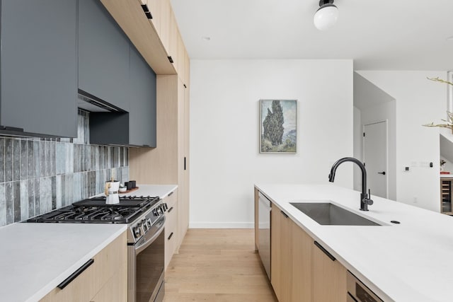 kitchen featuring ventilation hood, sink, appliances with stainless steel finishes, tasteful backsplash, and light hardwood / wood-style floors