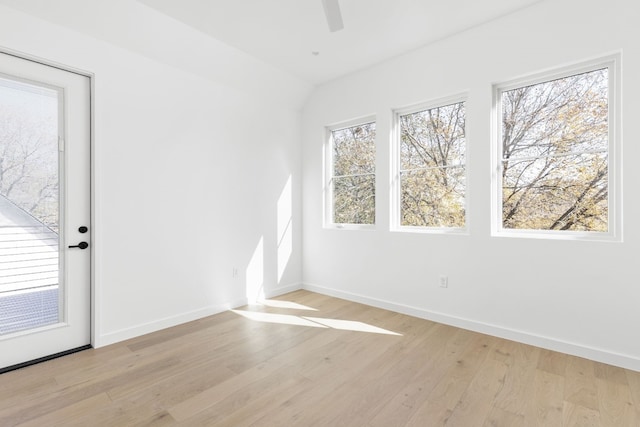 spare room with ceiling fan, a healthy amount of sunlight, and light hardwood / wood-style flooring