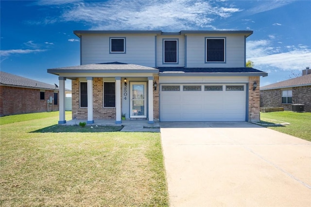 front of property with central AC, a porch, a front yard, and a garage