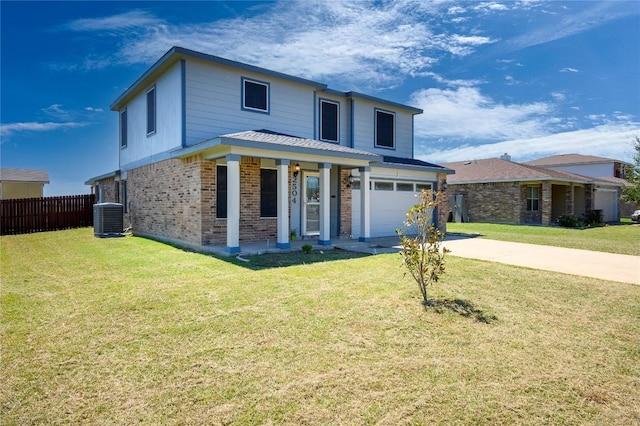 front of property with covered porch, a garage, central air condition unit, and a front lawn