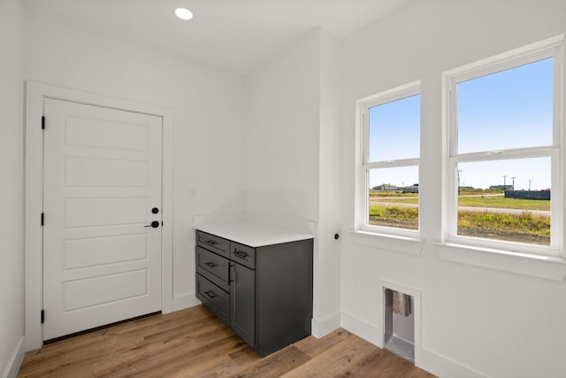 clothes washing area featuring light hardwood / wood-style flooring