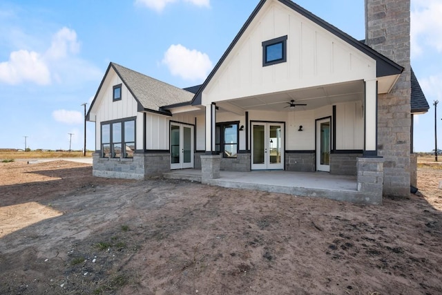 rear view of property with french doors and ceiling fan