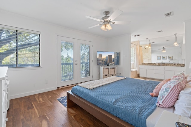 bedroom with access to outside, french doors, crown molding, dark hardwood / wood-style floors, and ceiling fan