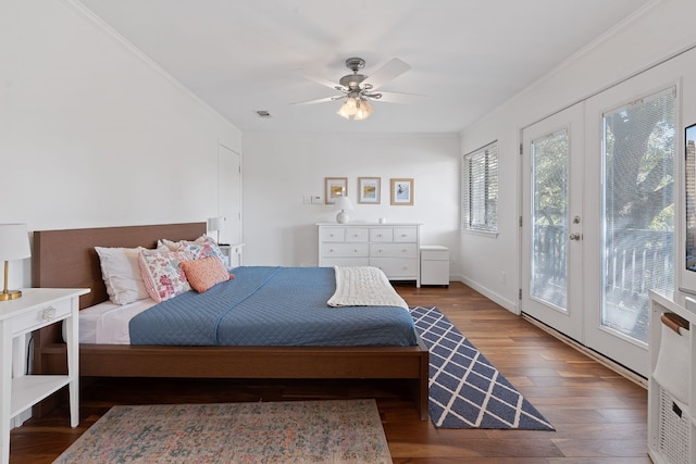 bedroom with french doors, crown molding, hardwood / wood-style flooring, ceiling fan, and access to exterior