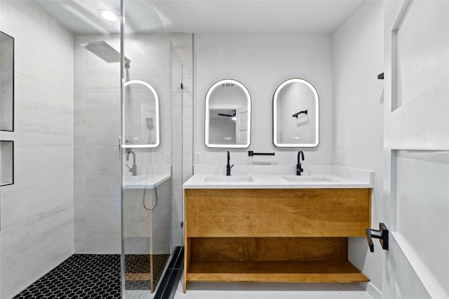 bathroom with vanity and walk in shower