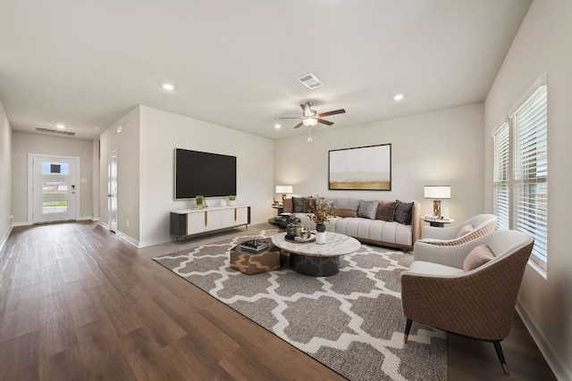 236 Lazy Lizzy Rd, Jarrell, TX 76537 - living room with wood finished floors, a ceiling fan, recessed lighting, and baseboards