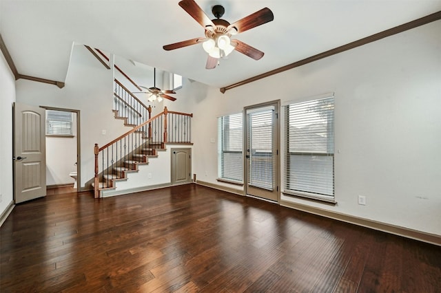 unfurnished living room featuring ceiling fan, crown molding, and dark wood-type flooring