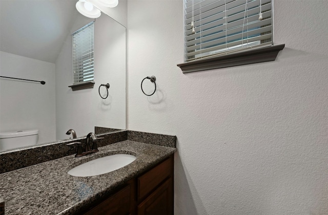 bathroom with vanity, toilet, and lofted ceiling