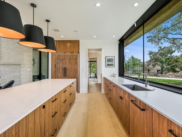 kitchen with pendant lighting, light hardwood / wood-style floors, and sink