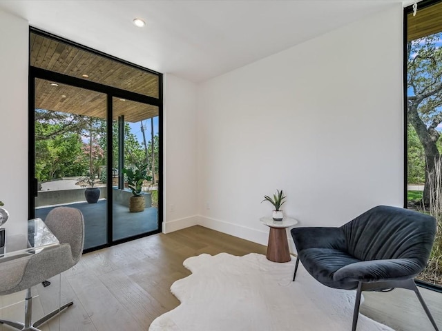 sitting room featuring hardwood / wood-style flooring, floor to ceiling windows, and a wealth of natural light