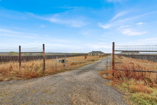 view of road with a gate, a rural view, driveway, and a gated entry