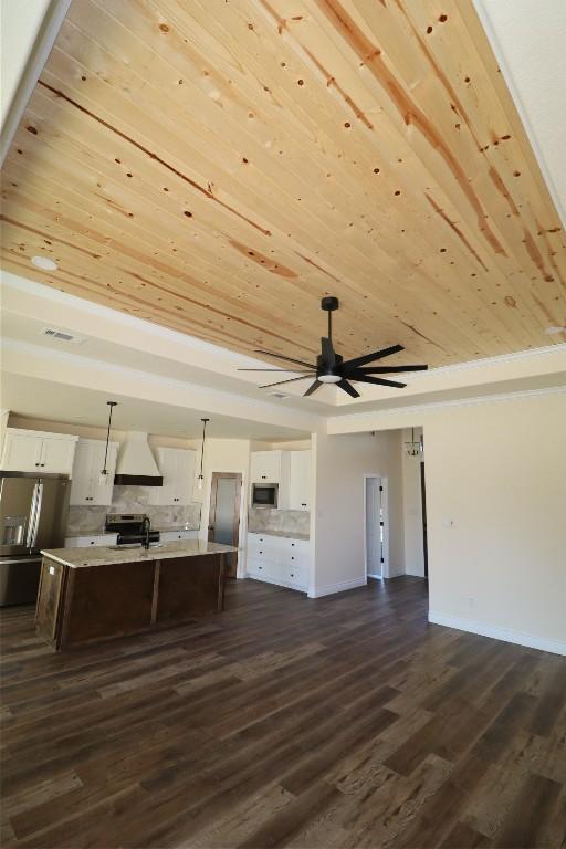 unfurnished living room featuring ceiling fan, sink, wood ceiling, and dark hardwood / wood-style floors