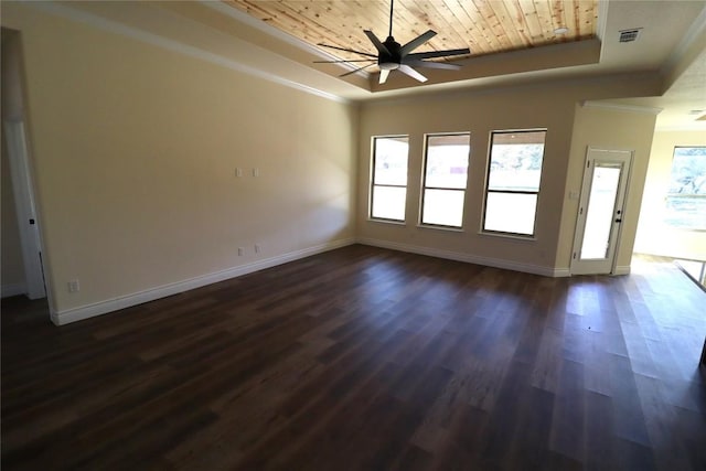 unfurnished room with a raised ceiling, ceiling fan, wood ceiling, and dark hardwood / wood-style floors