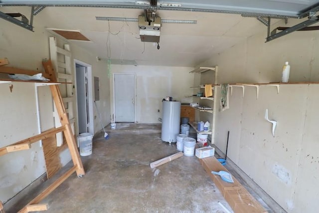 garage with electric panel, water heater, and a garage door opener