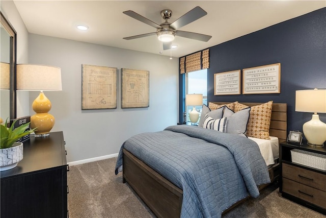 carpeted bedroom featuring ceiling fan