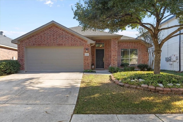 ranch-style house with a garage and a front lawn