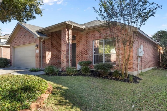 single story home featuring a front yard and a garage