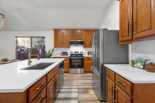 kitchen with appliances with stainless steel finishes, light wood-type flooring, sink, exhaust hood, and lofted ceiling