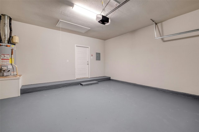 garage with electric panel, water heater, and a garage door opener