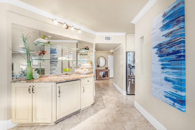 bar featuring light stone counters, ornamental molding, and white cabinets