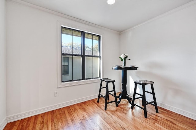 interior space with light hardwood / wood-style floors and crown molding