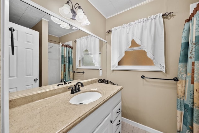 bathroom with tile patterned floors, vanity, ornamental molding, and a shower with shower curtain